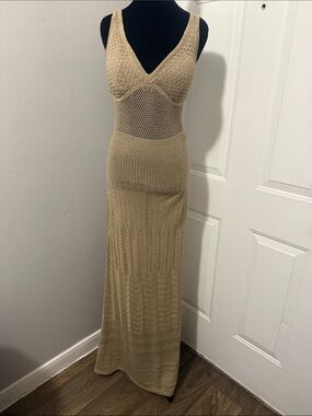 XOXO Tan Crochet Knit Maxi Dress with V-Neck